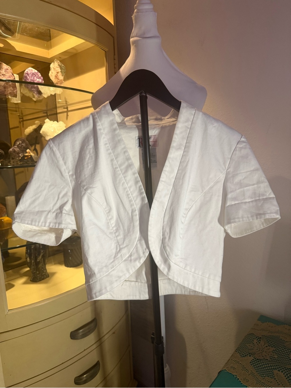 R&K Originals White Cropped Bolero Jacket Shrug Size S Short Sleeve Stretch - Picture 2 of 5